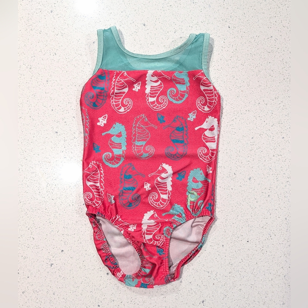 SUPER CUTE Plum Gymnastics Dance Leotard Child Medium Coral Teal SEAHORSES